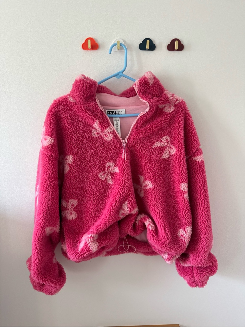 Beach Riot Bright Pink Sherpa Half-Zip Pullover with Bow Detail